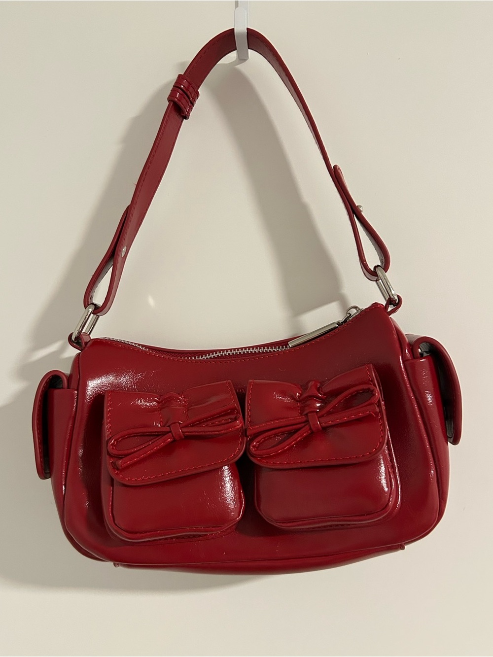 Red real Leather Shoulder Bag MultiPocket Bag with Bow Tie